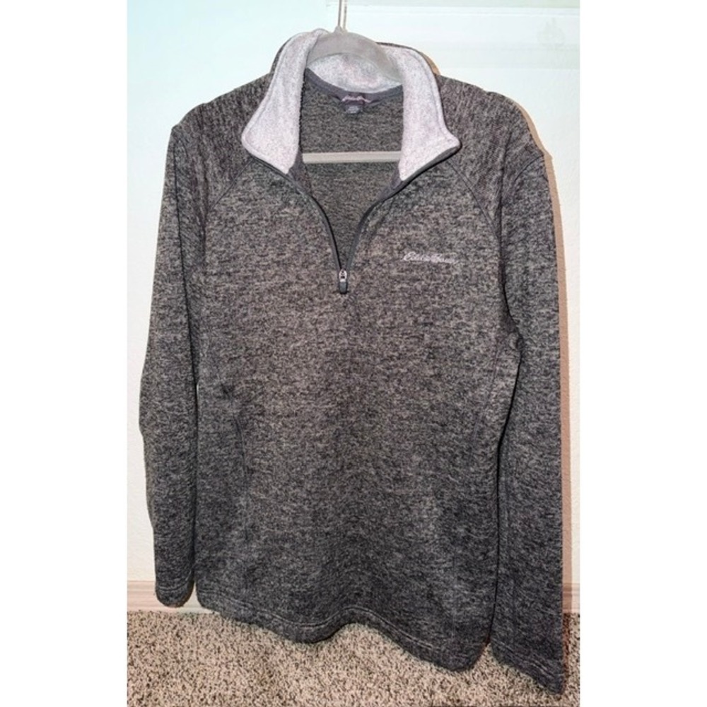 Eddie Bauer Mens Gray Marl Quarter Zip Fleece Lined Pullover Sweater Size Medium